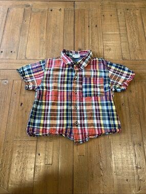 Blue rooster pink chicken plaid short sleeve button down shirt 4 years